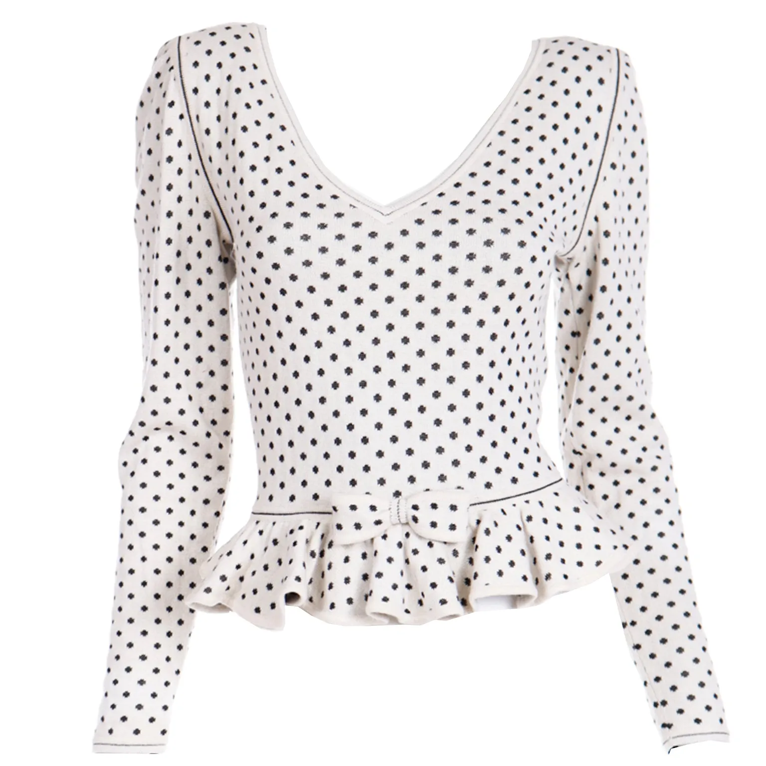 1980s Ungaro Parallele Deadstock V Neck Ruffled Peplum Black & White Dot Top