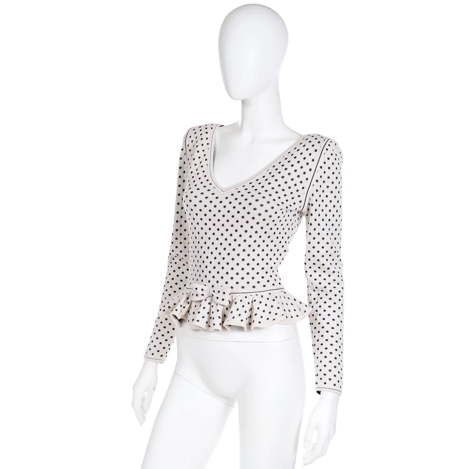 1980s Ungaro Parallele Deadstock V Neck Ruffled Peplum Black & White Dot Top