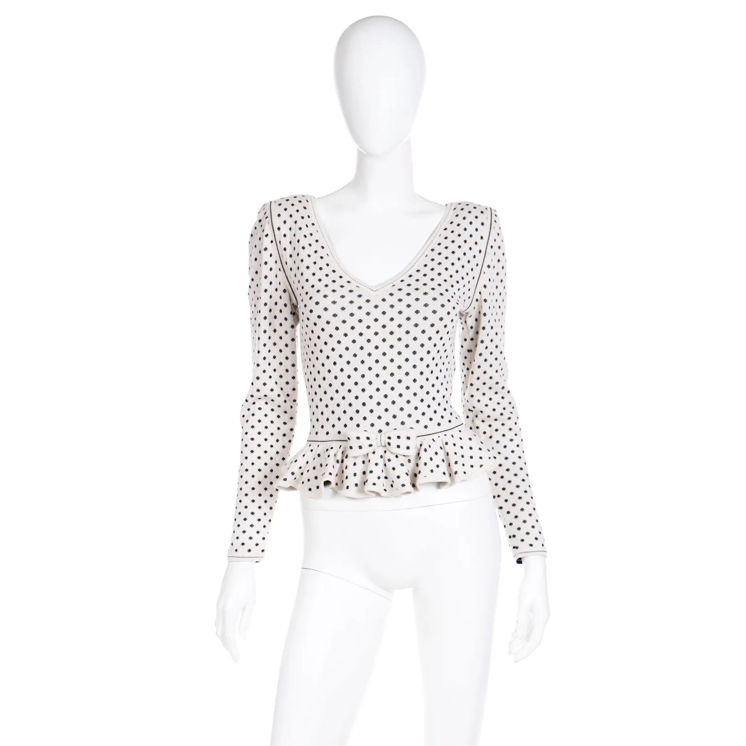1980s Ungaro Parallele Deadstock V Neck Ruffled Peplum Black & White Dot Top