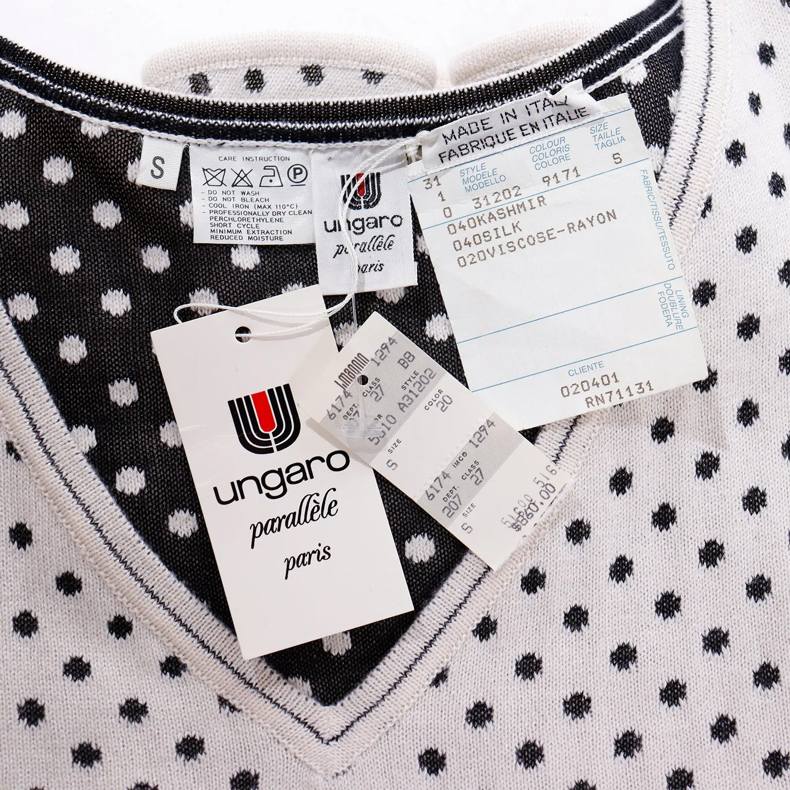 1980s Ungaro Parallele Deadstock V Neck Ruffled Peplum Black & White Dot Top