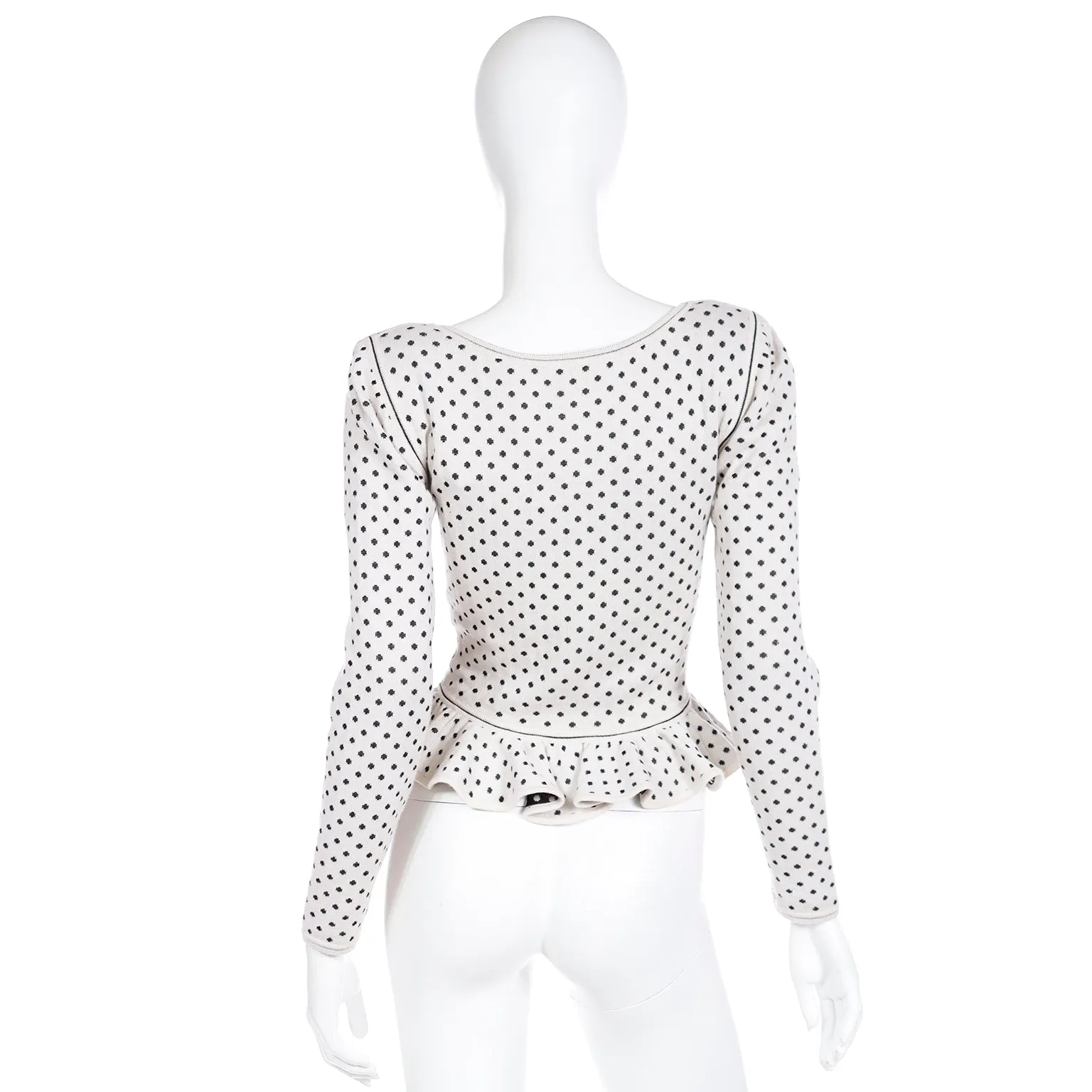 1980s Ungaro Parallele Deadstock V Neck Ruffled Peplum Black & White Dot Top
