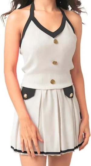 2 Piece Skirt Sets for Women in White with Medium Size | Skirt Set or Skort Set with Stylish Button Design | Skort Sets Women 2 Piece Outfits with V-Neck Top & Striped Pattern Minis