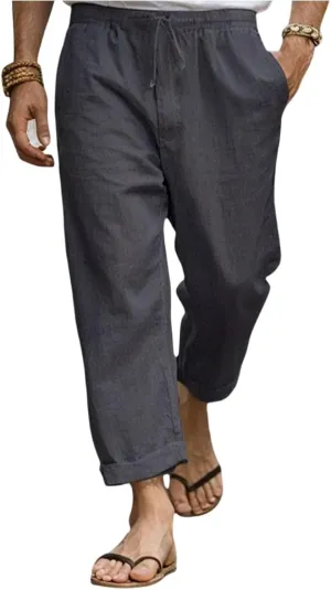 2025 Men's Cotton Linen Pants Elastic Waist Casual Solid Color Drawstring Straight Pants