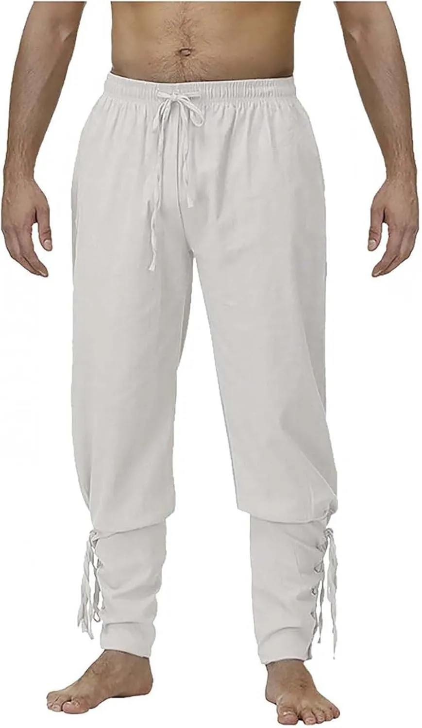 2025 Mens Drawstring Waist Pants Linen Banded Pants