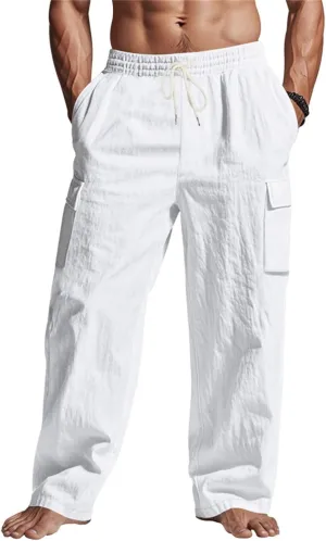 2025 Men's Linen Cargo Pants Multi-Pocket Loose Casual Wide Leg Pants