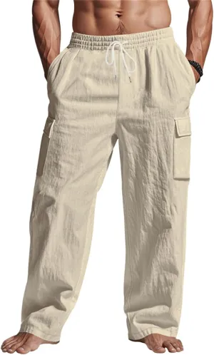 2025 Men's Linen Cargo Pants Multi-Pocket Loose Casual Wide Leg Pants
