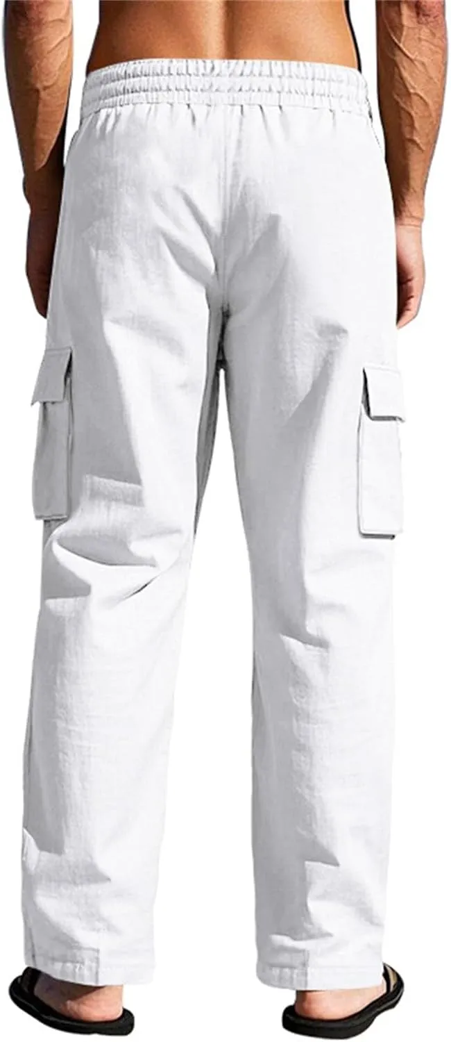 2025 Men's Linen Cargo Pants Multi-Pocket Loose Casual Wide Leg Pants