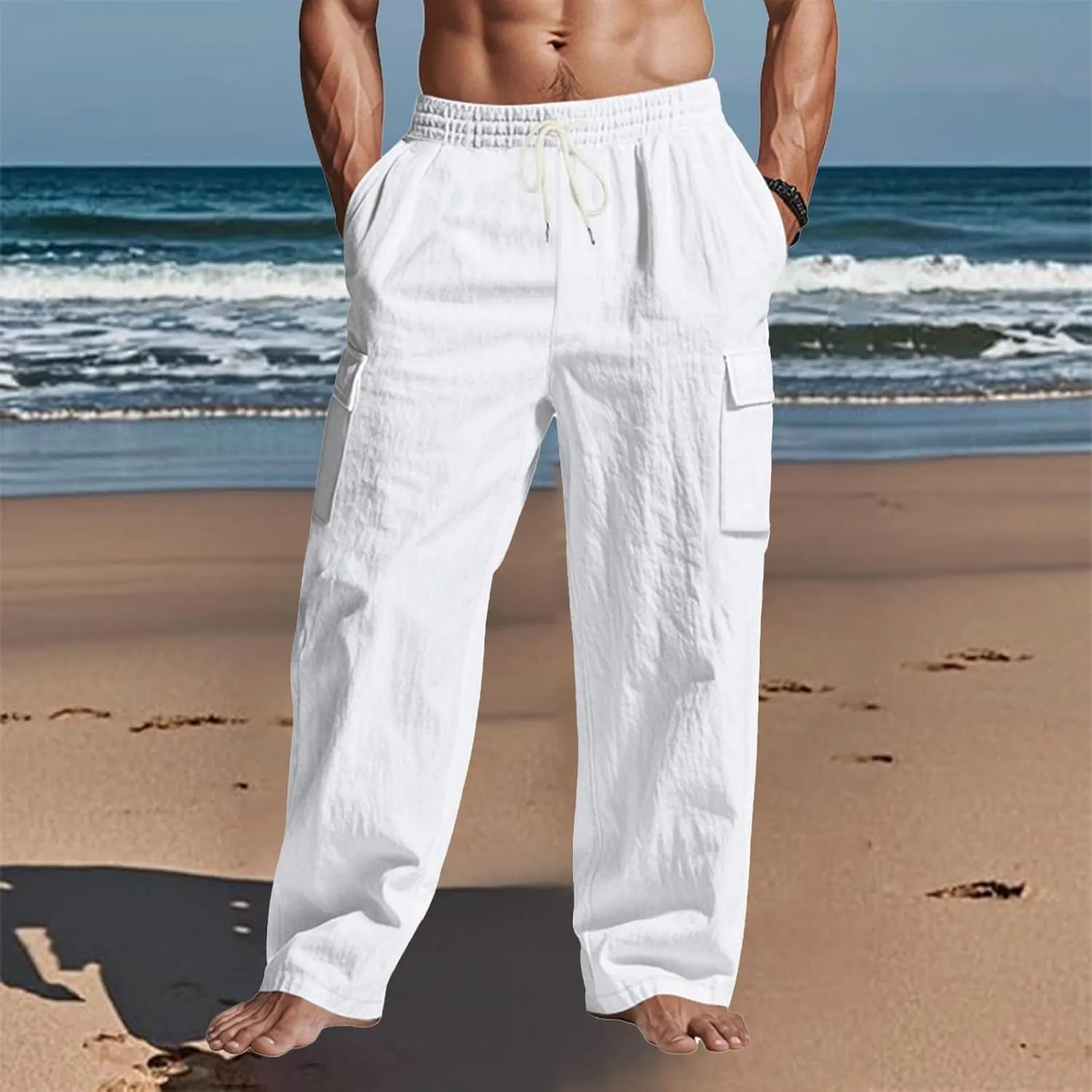 2025 Men's Linen Cargo Pants Multi-Pocket Loose Casual Wide Leg Pants