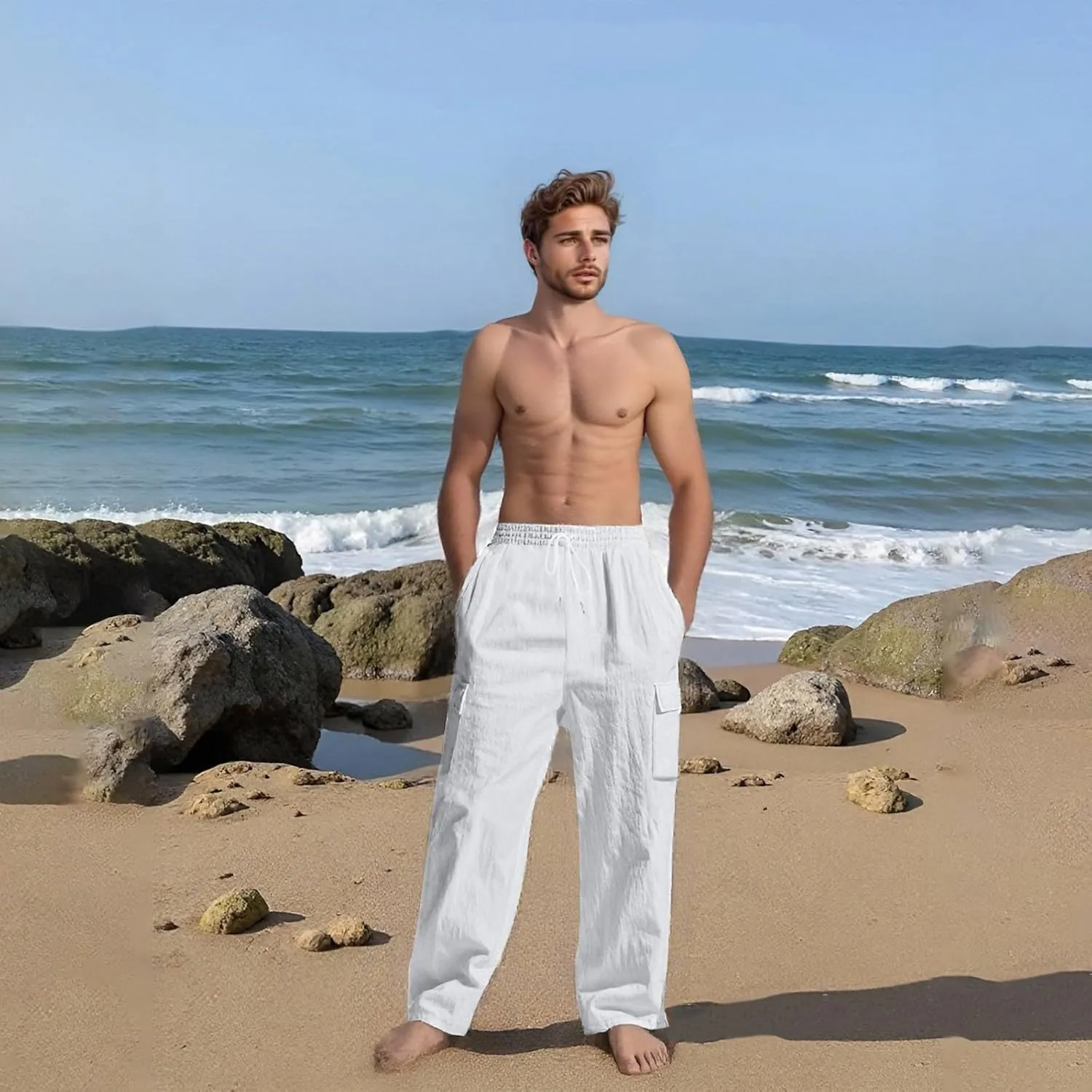 2025 Men's Linen Cargo Pants Multi-Pocket Loose Casual Wide Leg Pants