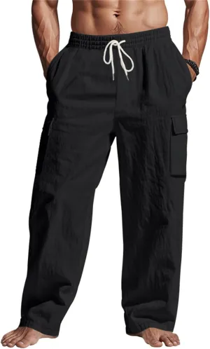 2025 Men's Linen Cargo Pants Multi-Pocket Loose Casual Wide Leg Pants