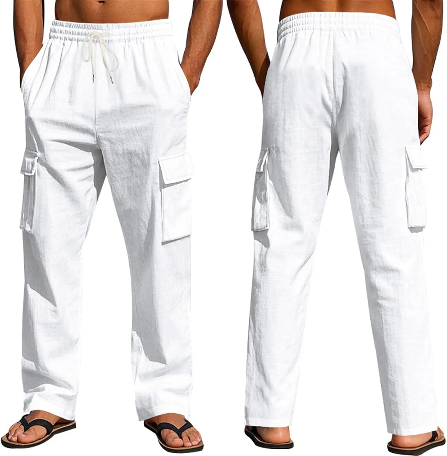 2025 Men's Linen Cargo Pants Multi-Pocket Loose Casual Wide Leg Pants