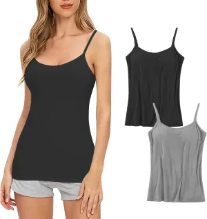 2Pack Tank Tops with Built in Bras for Women's Plus Size Spaghetti Strap Basic Layer Camis Bra Camisoles Underwear