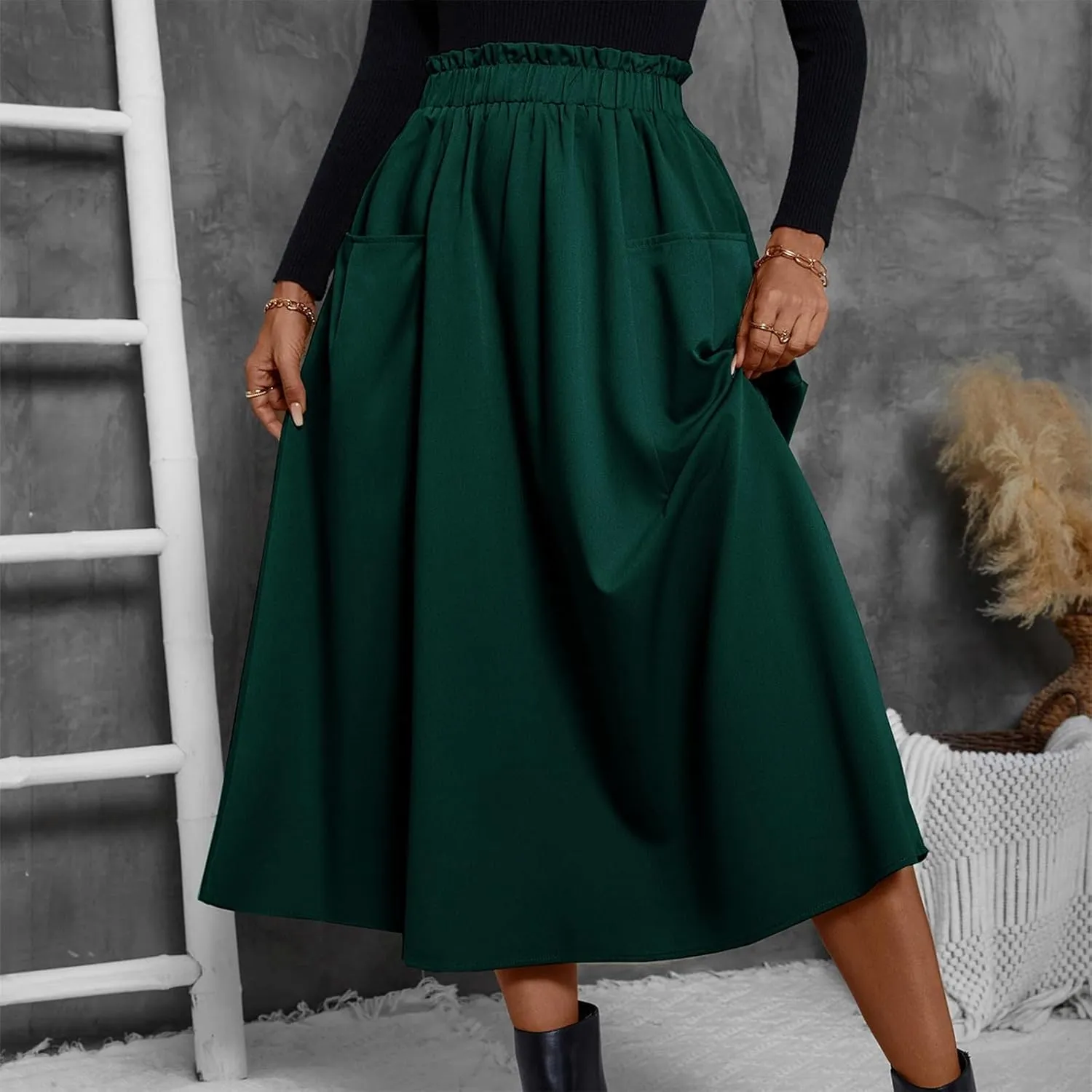 ADHOWBEW Boho Skirts for Women Casual Elastic Waist Flowy High Waist Cotton Smocked Bohemian Sexy Trendy Skirts