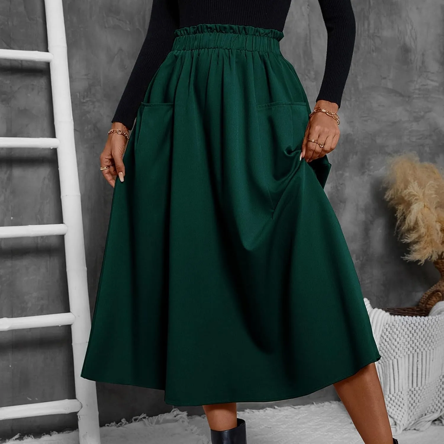 ADHOWBEW Boho Skirts for Women Casual Elastic Waist Flowy High Waist Cotton Smocked Bohemian Sexy Trendy Skirts