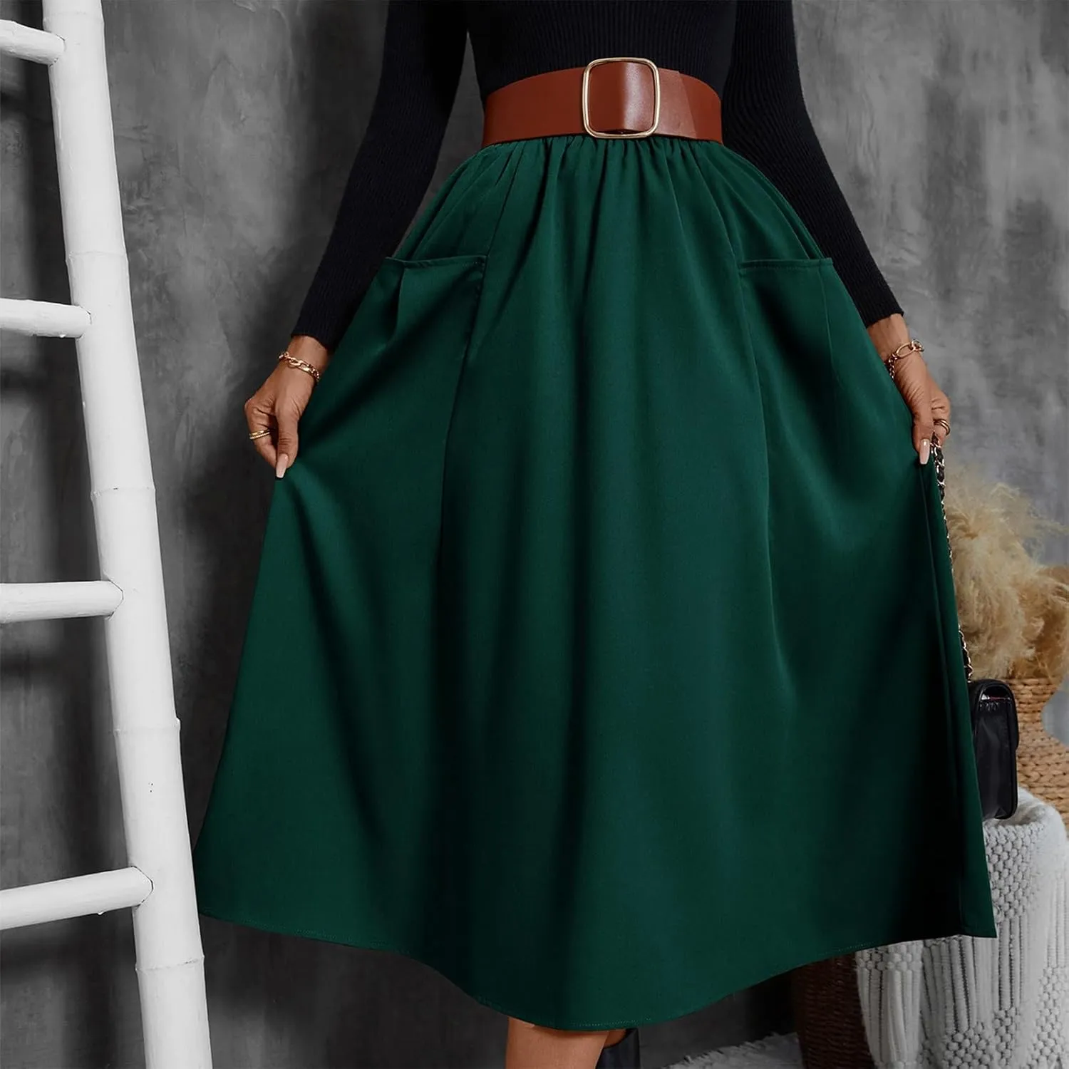 ADHOWBEW Boho Skirts for Women Casual Elastic Waist Flowy High Waist Cotton Smocked Bohemian Sexy Trendy Skirts