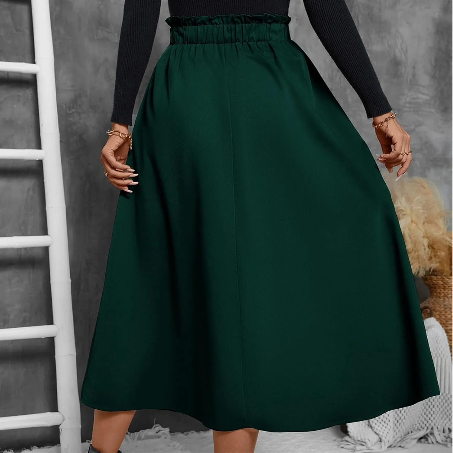 ADHOWBEW Boho Skirts for Women Casual Elastic Waist Flowy High Waist Cotton Smocked Bohemian Sexy Trendy Skirts