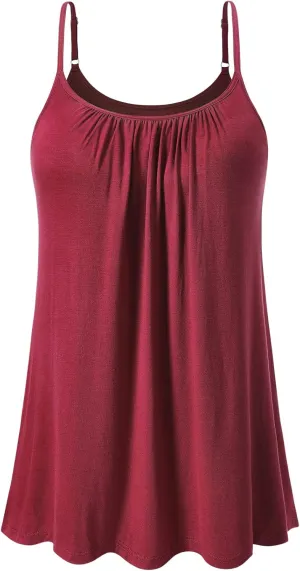 Air Curvey Camisole for Women Bulid in Bra Casual Flowy Cami Adjustable Spaghetti Strap Tank Top Pleated Loose Fit S-XXXXL