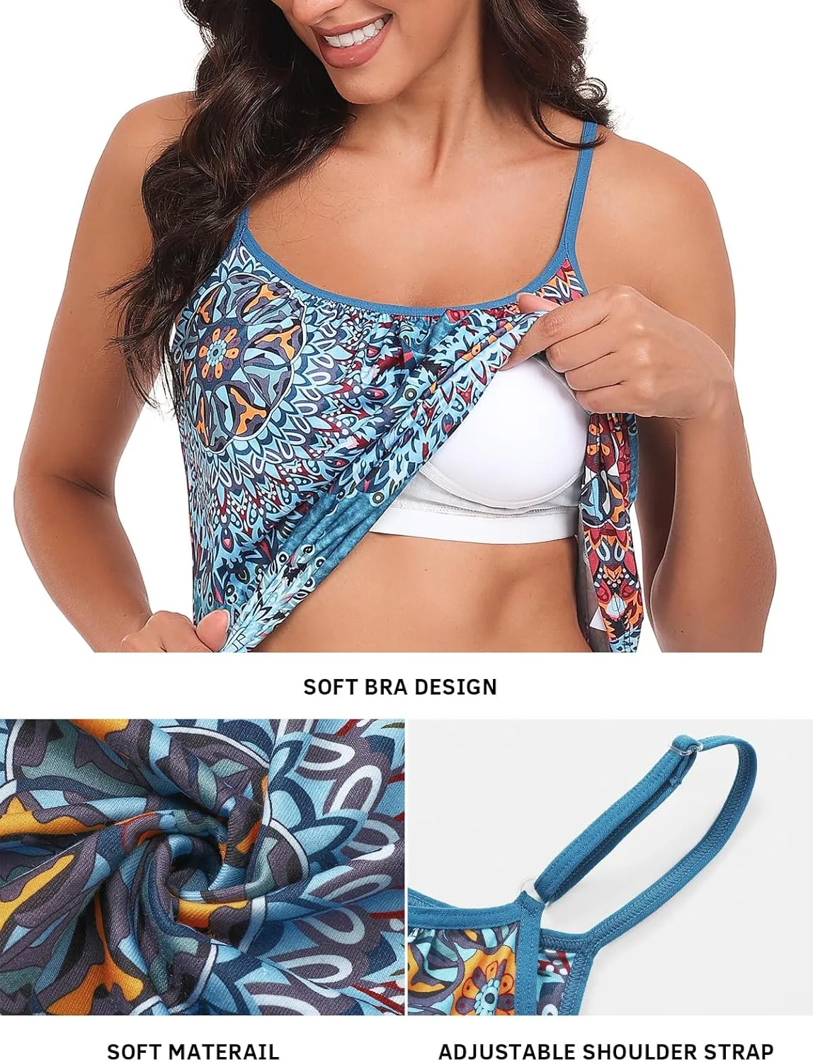 Air Curvey Camisole for Women Bulid in Bra Casual Flowy Cami Adjustable Spaghetti Strap Tank Top Pleated Loose Fit S-XXXXL