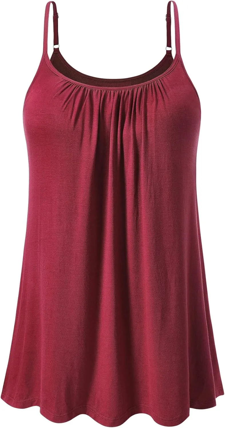 Air Curvey Camisole for Women Bulid in Bra Casual Flowy Cami Adjustable Spaghetti Strap Tank Top Pleated Loose Fit S-XXXXL