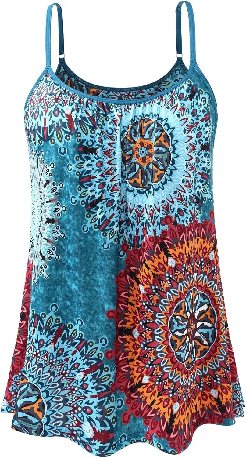 Air Curvey Camisole for Women Bulid in Bra Casual Flowy Cami Adjustable Spaghetti Strap Tank Top Pleated Loose Fit S-XXXXL