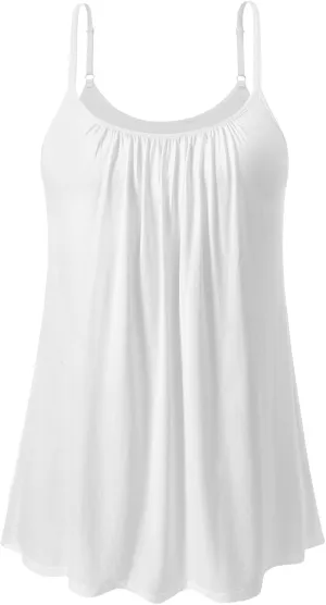 Air Curvey Camisole for Women Bulid in Bra Casual Flowy Cami Adjustable Spaghetti Strap Tank Top Pleated Loose Fit S-XXXXL