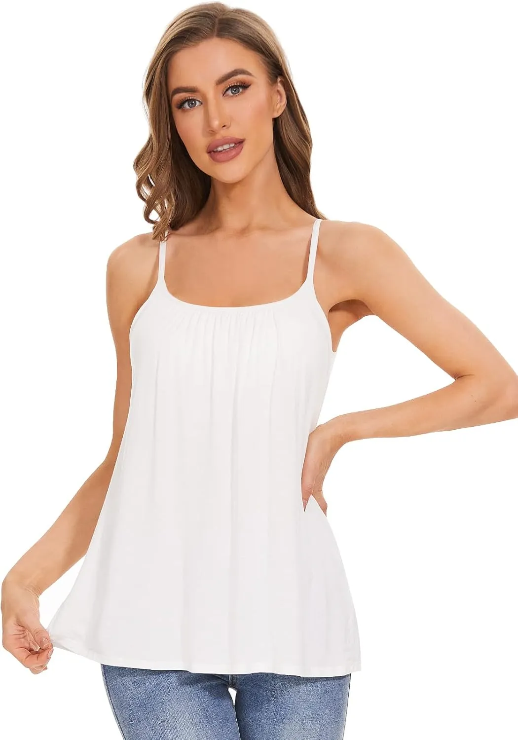Air Curvey Camisole for Women Bulid in Bra Casual Flowy Cami Adjustable Spaghetti Strap Tank Top Pleated Loose Fit S-XXXXL
