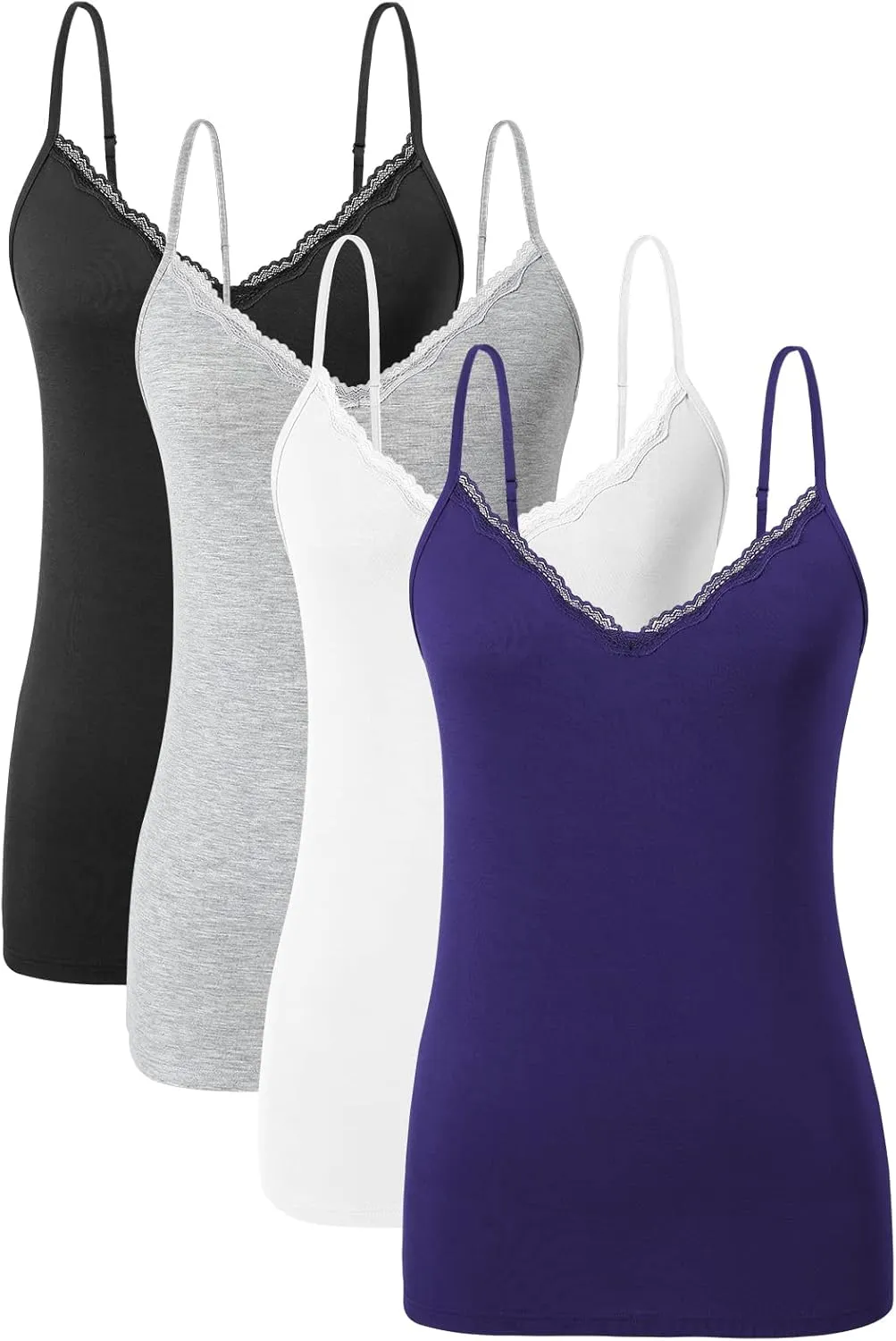 AMVELOP v Neck Women Camisole Adjustable Spaghetti Strap cami lace Trim Tank Tops 4 Pack