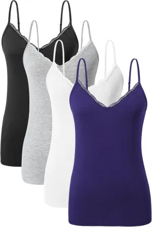 AMVELOP v Neck Women Camisole Adjustable Spaghetti Strap cami lace Trim Tank Tops 4 Pack