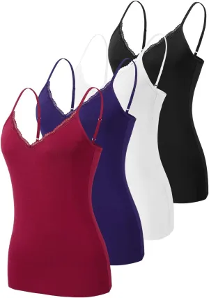AMVELOP v Neck Women Camisole Adjustable Spaghetti Strap cami lace Trim Tank Tops 4 Pack