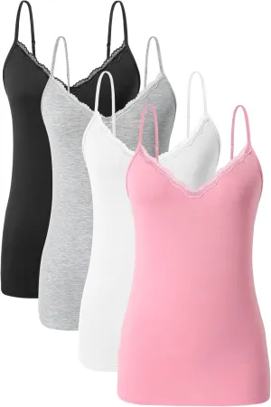 AMVELOP v Neck Women Camisole Adjustable Spaghetti Strap cami lace Trim Tank Tops 4 Pack