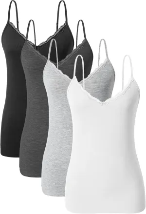 AMVELOP v Neck Women Camisole Adjustable Spaghetti Strap cami lace Trim Tank Tops 4 Pack