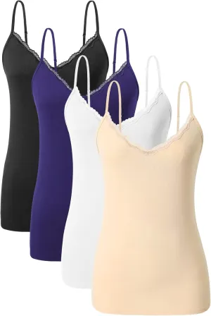 AMVELOP v Neck Women Camisole Adjustable Spaghetti Strap cami lace Trim Tank Tops 4 Pack
