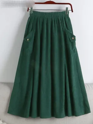 Autumn & Winter Pocket A-Line Skirt, Women's High Waist Midi Long All-Match, Female Casual Pleated Design