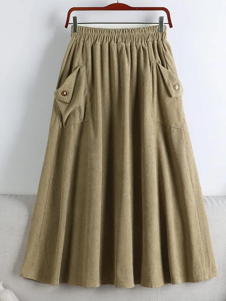 Autumn & Winter Pocket A-Line Skirt, Women's High Waist Midi Long All-Match, Female Casual Pleated Design
