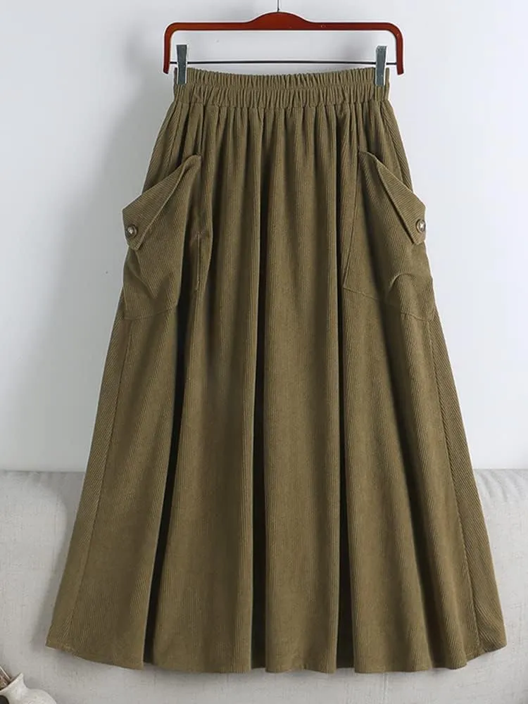Autumn & Winter Pocket A-Line Skirt, Women's High Waist Midi Long All-Match, Female Casual Pleated Design