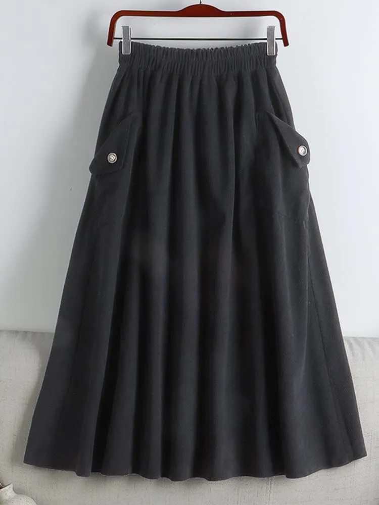 Autumn & Winter Pocket A-Line Skirt, Women's High Waist Midi Long All-Match, Female Casual Pleated Design