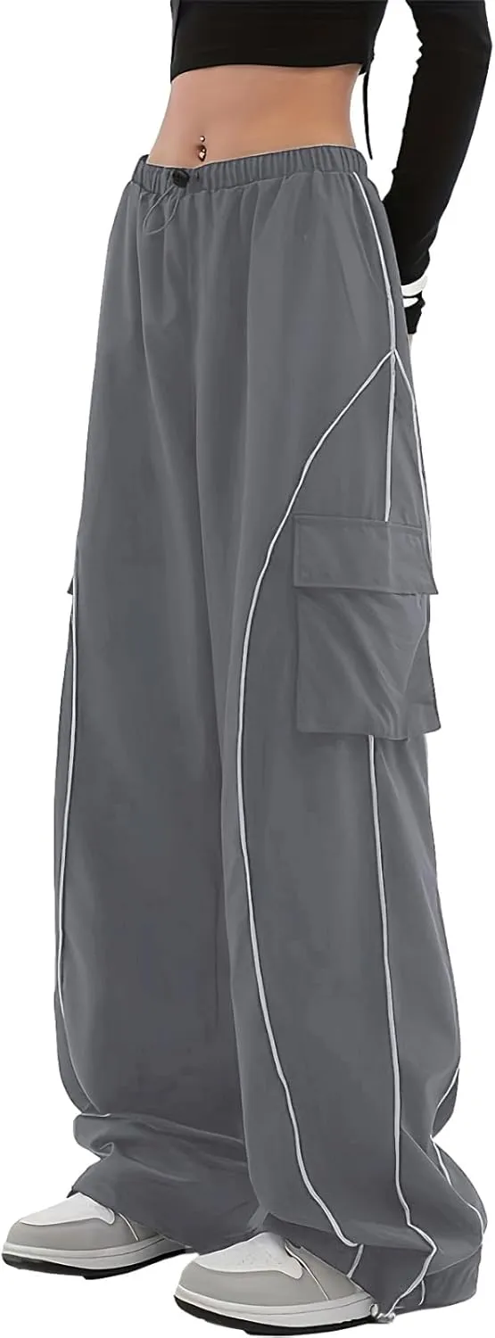 Baggy Cargo Pants for Women Elastic Waist Y2K Parachute Track Pants Trendy Casual Sports Wide Leg with Pockets