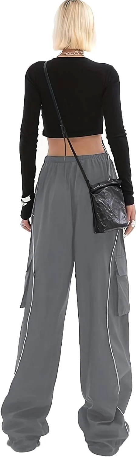Baggy Cargo Pants for Women Elastic Waist Y2K Parachute Track Pants Trendy Casual Sports Wide Leg with Pockets
