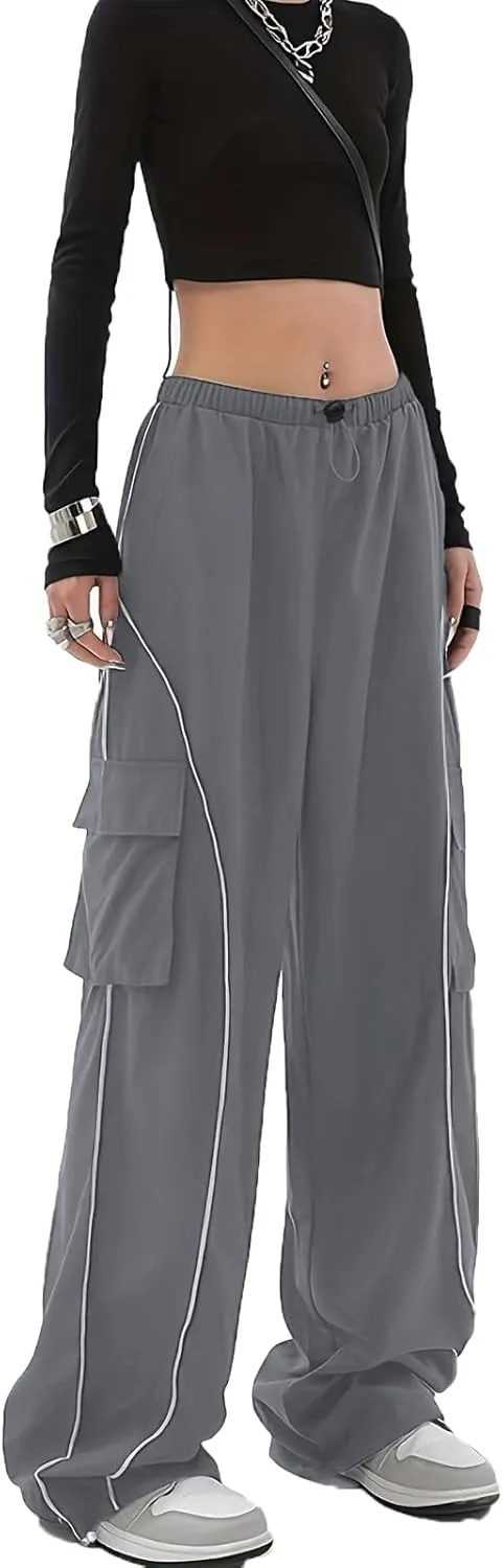 Baggy Cargo Pants for Women Elastic Waist Y2K Parachute Track Pants Trendy Casual Sports Wide Leg with Pockets