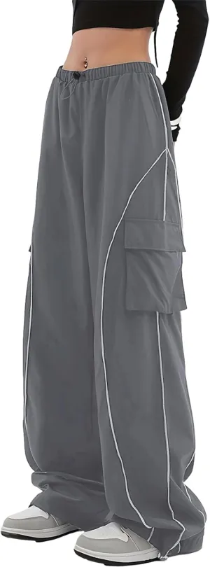 Baggy Cargo Pants for Women Elastic Waist Y2K Parachute Track Pants Trendy Casual Sports Wide Leg with Pockets