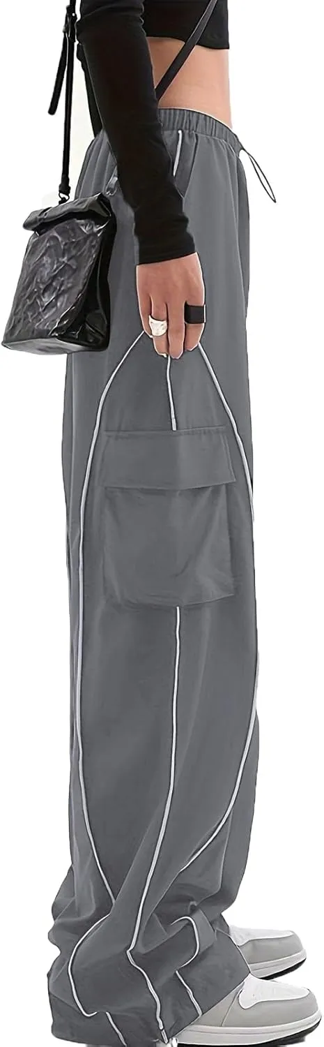 Baggy Cargo Pants for Women Elastic Waist Y2K Parachute Track Pants Trendy Casual Sports Wide Leg with Pockets