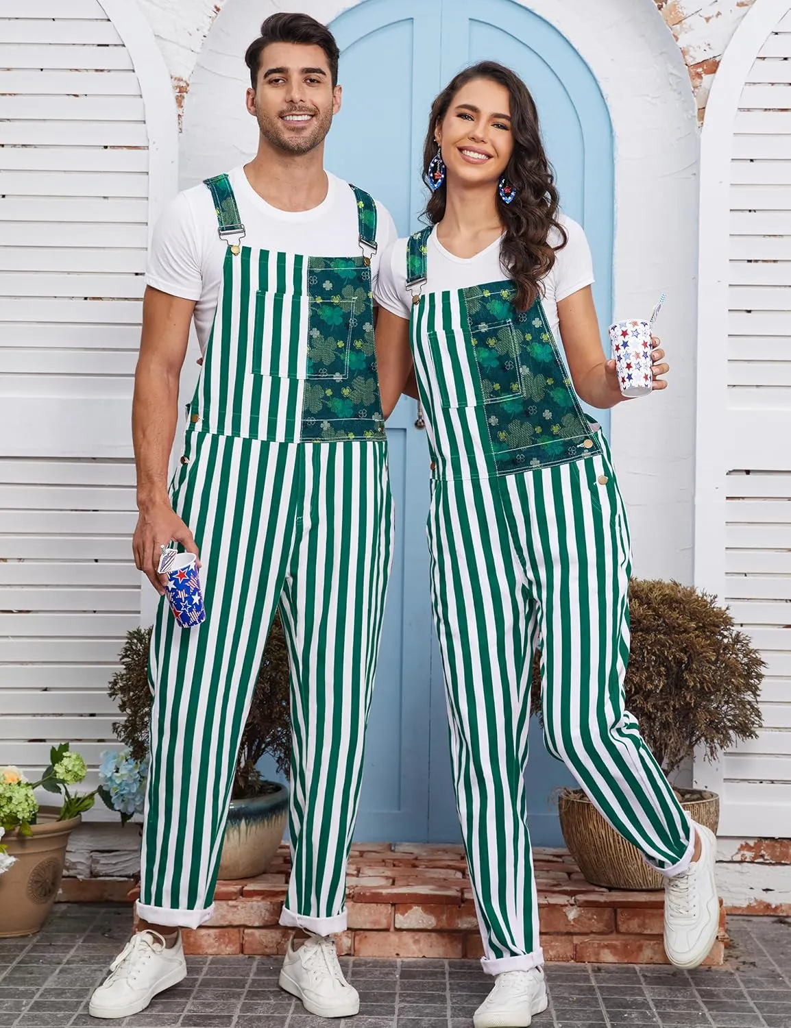 Bib Overalls for Men Adjustable Straps Jumpsuit Striped Women Coveralls with Pockets
