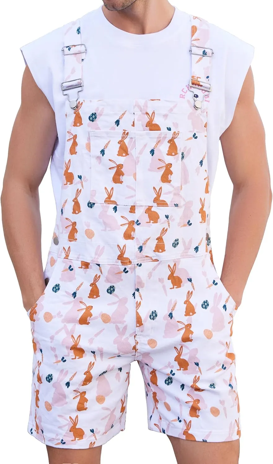Bib Overalls for Men Adjustable Straps Work Coveralls Printed Shorts Jumpsuit