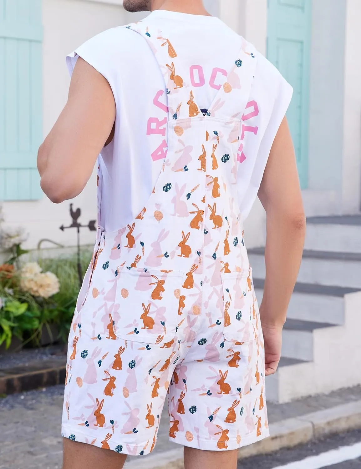 Bib Overalls for Men Adjustable Straps Work Coveralls Printed Shorts Jumpsuit