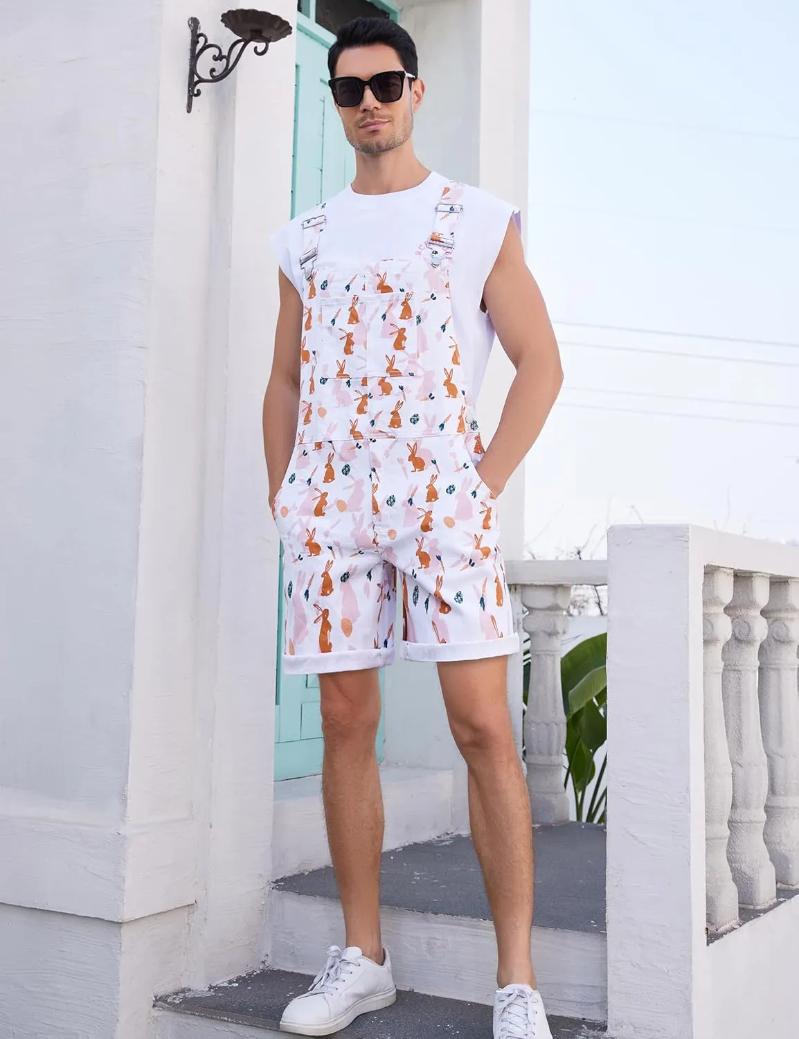 Bib Overalls for Men Adjustable Straps Work Coveralls Printed Shorts Jumpsuit