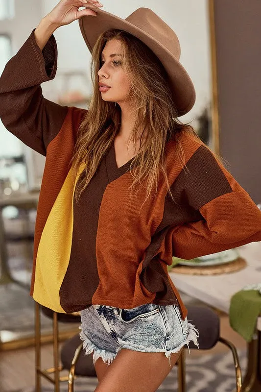 BiBi Brushed Thermal Color Block V-Neck Knit Top