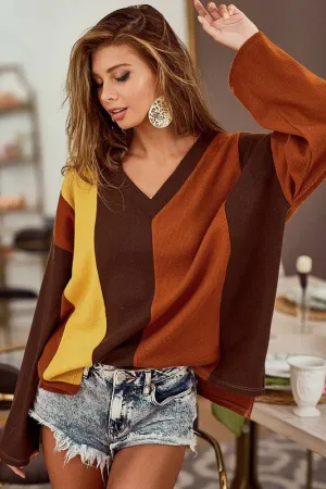 BiBi Brushed Thermal Color Block V-Neck Knit Top
