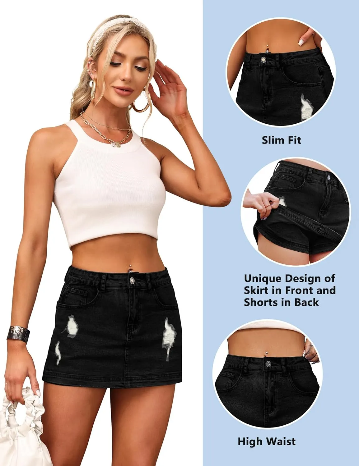 BISUAL Denim Skort for Women High Waist Ripped Mini Denim Skirt Casual Distressed Stretch Women Jean Skirt