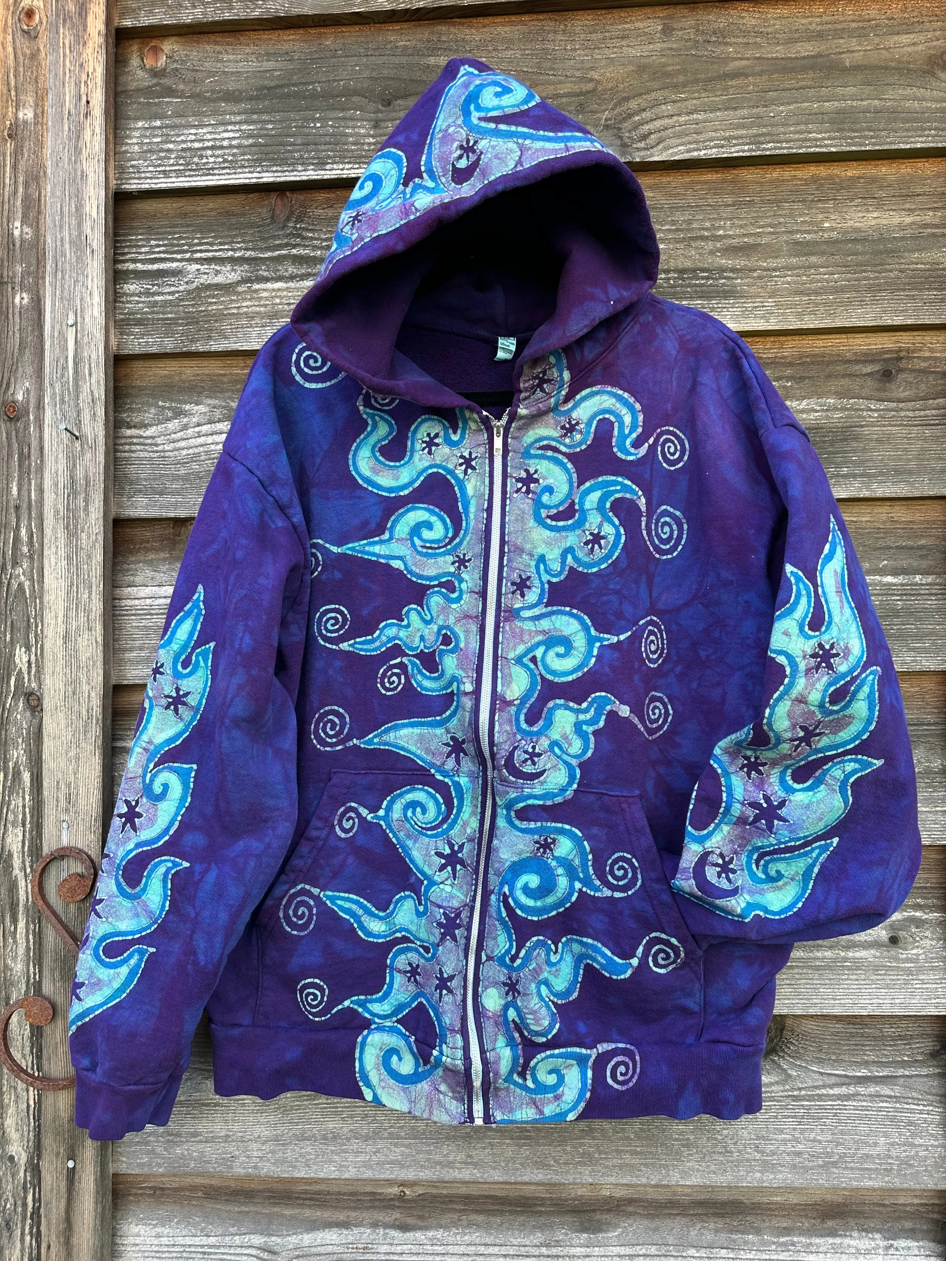Blue Swirls-n- Waves Handcrafted Batik Zipper Hoodie - Unisex Size 2X