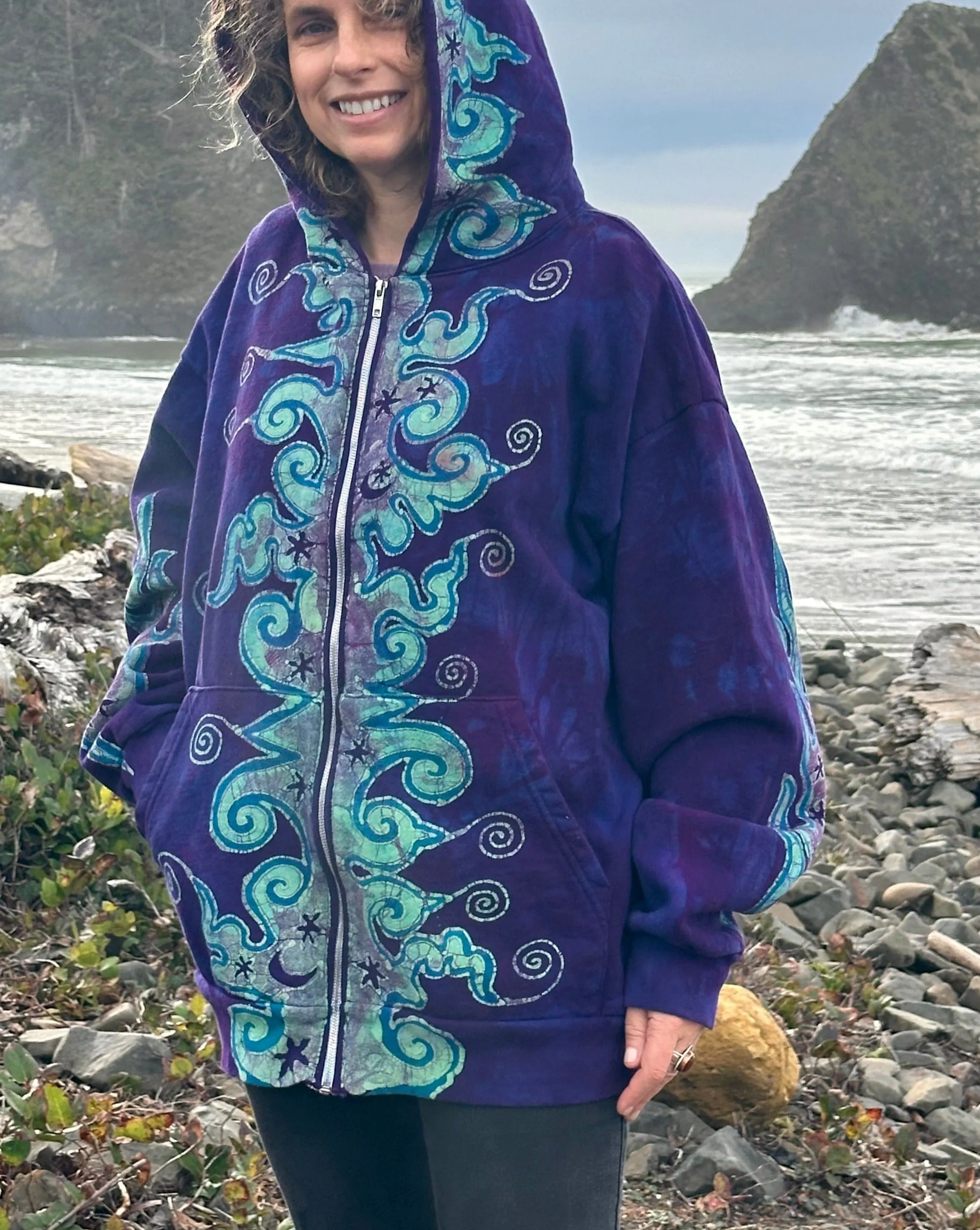 Blue Swirls-n- Waves Handcrafted Batik Zipper Hoodie - Unisex Size 2X